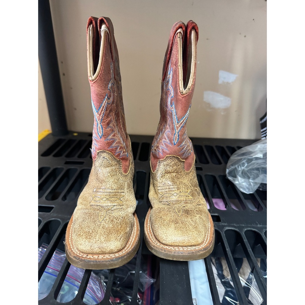 Old West Kids Tan Red Leather Square Toe Western Cowboy Boots BSC1959 Size 9D